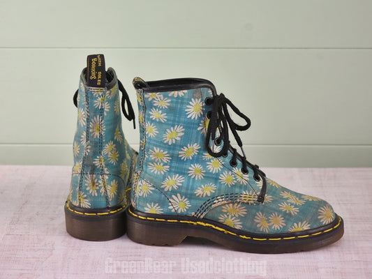 E435 イギリス製 Dr.Martens レディースブーツ 花柄 水色 4 23cm