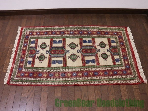 RAGQ043 ビンテージトライバルラグ ウール絨毯 128.5cm×74cm