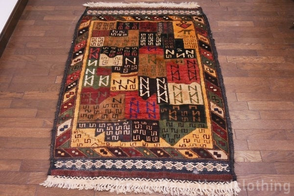 RAGU020 トライバルラグ 138cm×90cm アフガン地図 ウール絨毯 ヴィンテージ