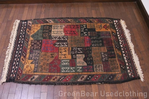 RAGU020 トライバルラグ 138cm×90cm アフガン地図 ウール絨毯 ヴィンテージ
