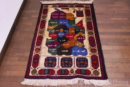 RAGU035 トライバルラグ 138cm×86.5cm アフガン地図 ウール絨毯 アンティーク ヴィンテージ ギャッベ