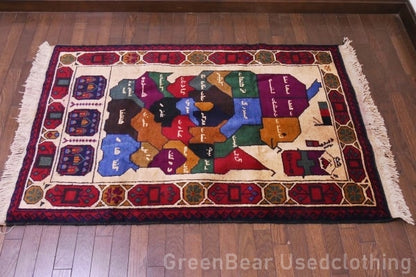 RAGU035 トライバルラグ 138cm×86.5cm アフガン地図 ウール絨毯 アンティーク ヴィンテージ ギャッベ