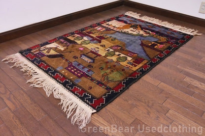 RAGU042 トライバルラグ 143cm×89.5cm ヘリコプター ウール絨毯 アンティーク ヴィンテージ