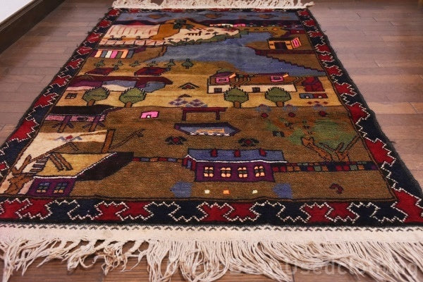 RAGU042 トライバルラグ 143cm×89.5cm ヘリコプター ウール絨毯 アンティーク ヴィンテージ