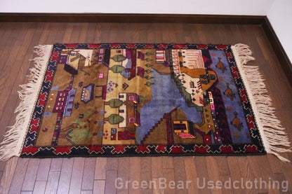 RAGU042 トライバルラグ 143cm×89.5cm ヘリコプター ウール絨毯 アンティーク ヴィンテージ