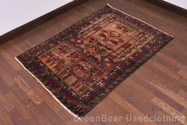 RAGU059 トライバルラグ 86cm×119cm ウール絨毯 アンティーク ヴィンテージ