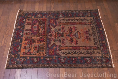 RAGU059 トライバルラグ 86cm×119cm ウール絨毯 アンティーク ヴィンテージ