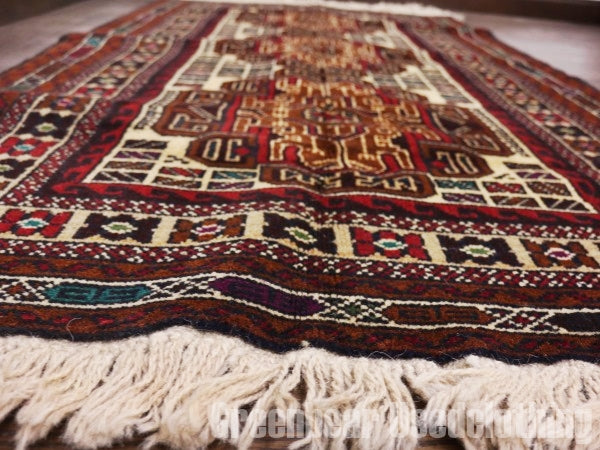 RAGQ246 未使用品 アフガンラグ ビンテージトライバルラグ ウール絨毯 147cm×85cm