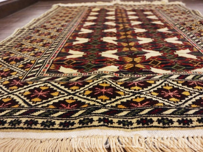 RAGQ252 未使用品 アフガンラグ ビンテージトライバルラグ ウール絨毯 112cm×86cm