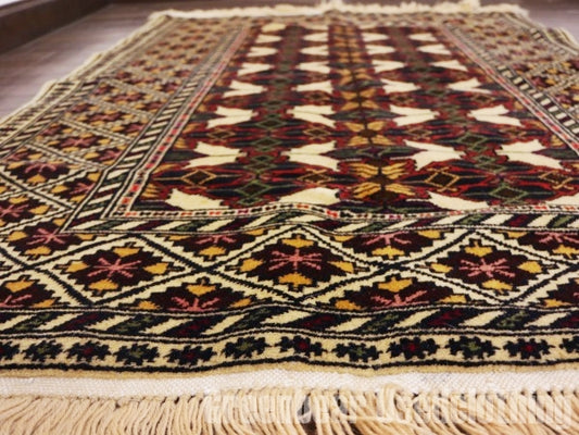 RAGQ252 未使用品 アフガンラグ ビンテージトライバルラグ ウール絨毯 112cm×86cm